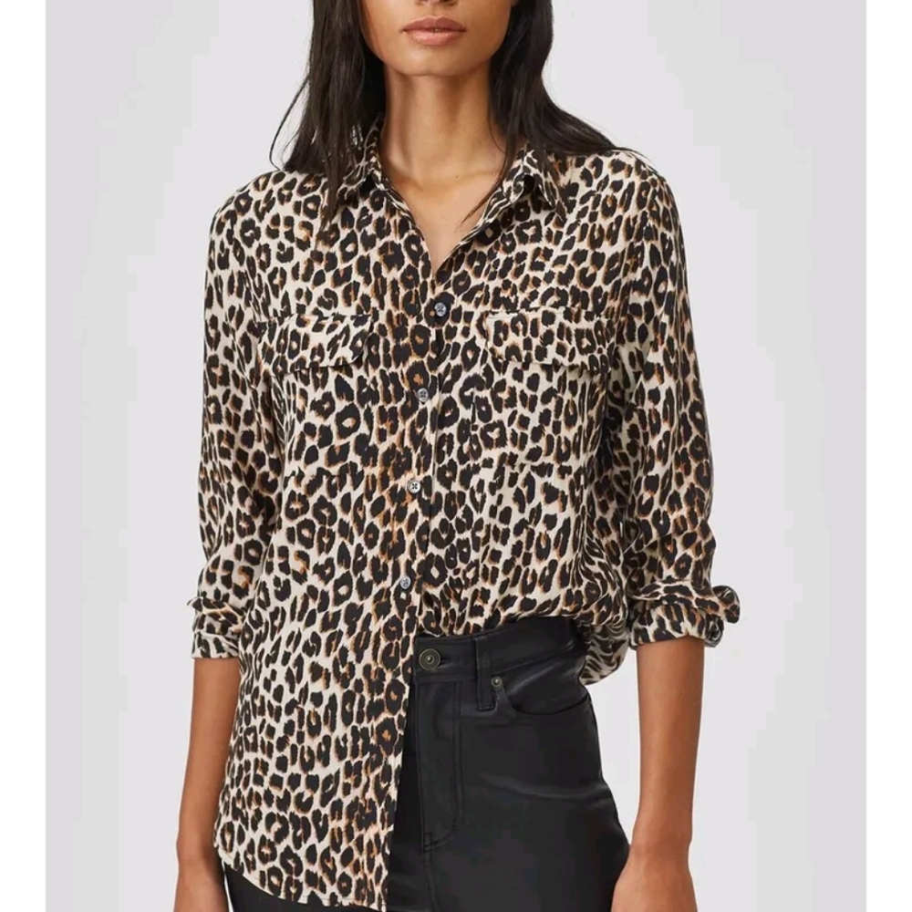 NWT Guess Leopard Print Button Down Long Sleeve Blouse